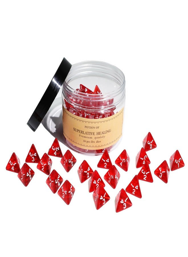 FourDragons 50Pcs Transparent Red D4 Dice Set for Board Table RPG Gaming, Roleplaying Red Gem D4 Polyhedral Dice Set Compatible with Dungeons and Dragons D&D RPG MTG Dice Table Games - Image 1